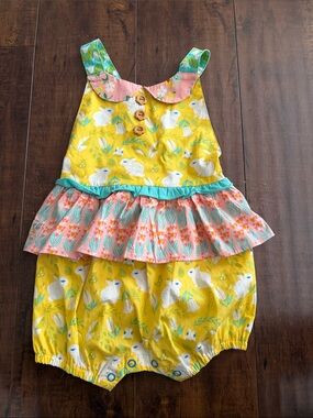 Wildflowers Yellow Bunny Print Romper with Pink Ruffle